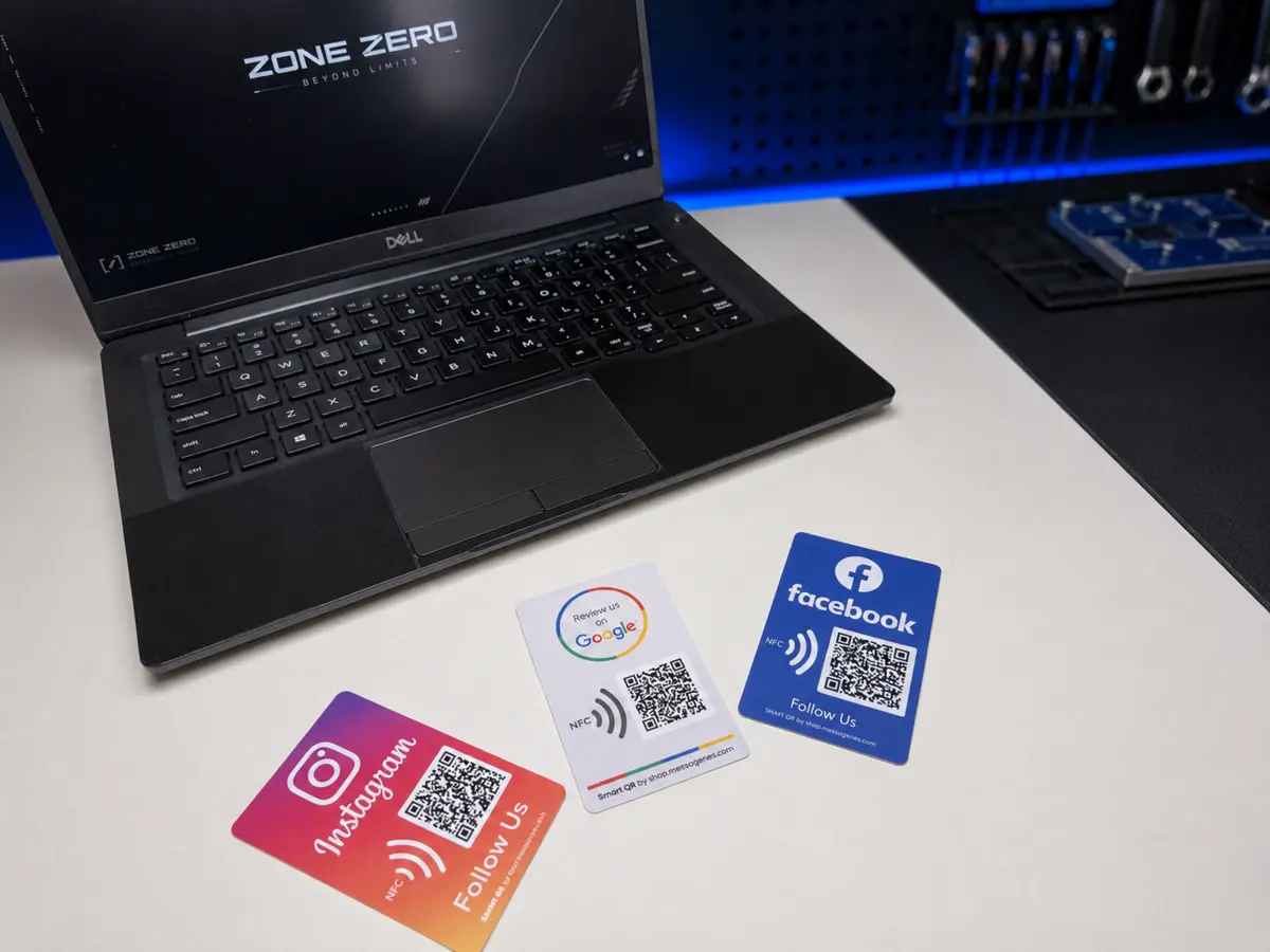 Targhette NFC con QR code per recensioni Google e profili social configurate da Zone Zero